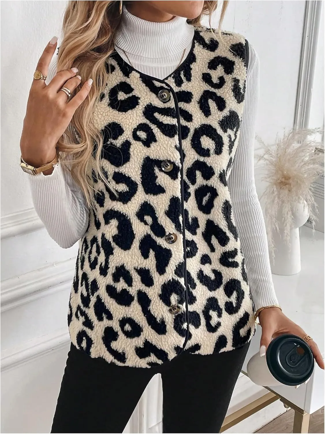 Women's Y2k Leopard Print Vest Top Button Down Sleeveless Jacket Outerwear