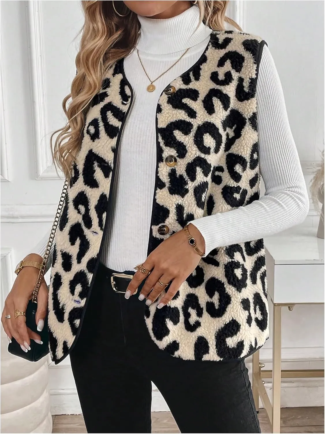 Women's Y2k Leopard Print Vest Top Button Down Sleeveless Jacket Outerwear