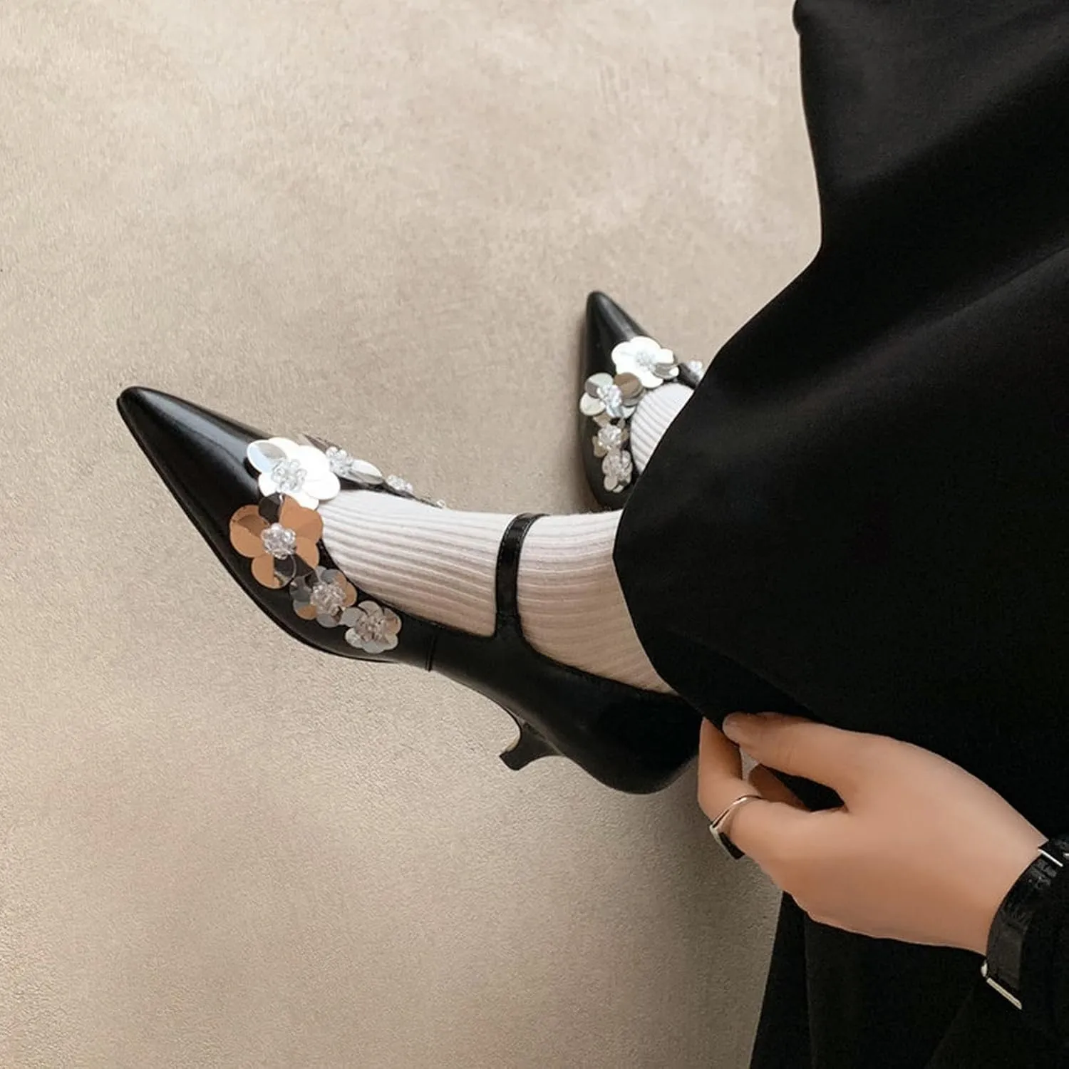 XIEDA Women's Genuine Lambskin Leather Low Kitten Heels Pumps Pointed Toe Sequins Flower Mary Jane Dress Prom Shoes
