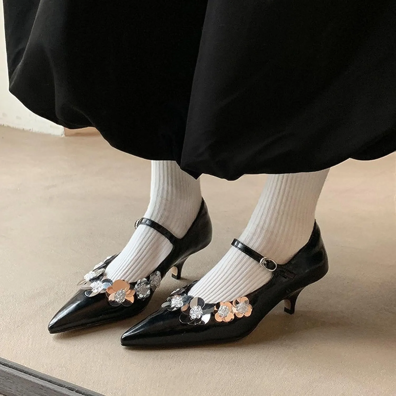 XIEDA Women's Genuine Lambskin Leather Low Kitten Heels Pumps Pointed Toe Sequins Flower Mary Jane Dress Prom Shoes