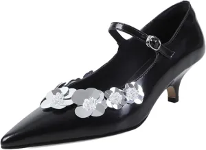XIEDA Women's Genuine Lambskin Leather Low Kitten Heels Pumps Pointed Toe Sequins Flower Mary Jane Dress Prom Shoes