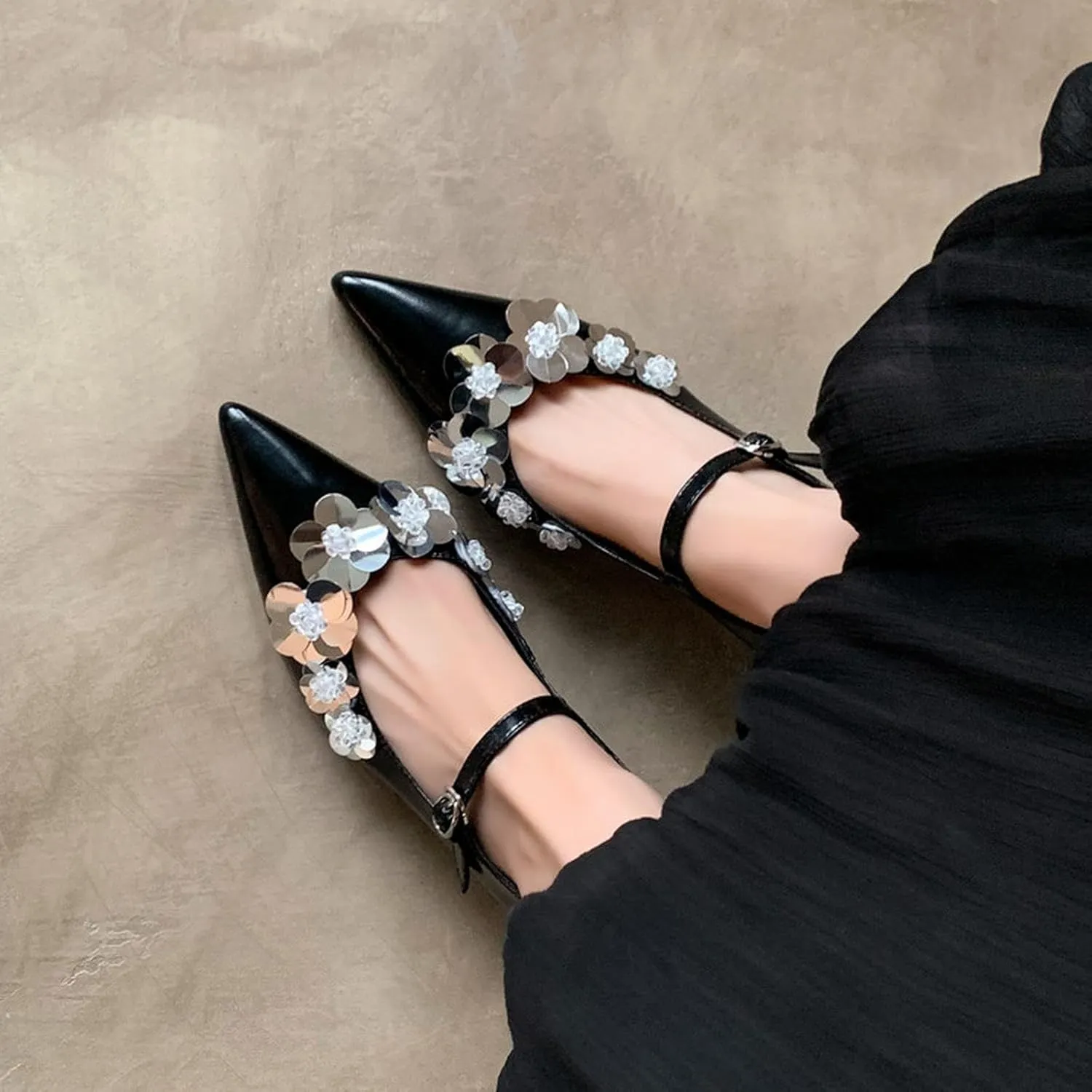 XIEDA Women's Genuine Lambskin Leather Low Kitten Heels Pumps Pointed Toe Sequins Flower Mary Jane Dress Prom Shoes