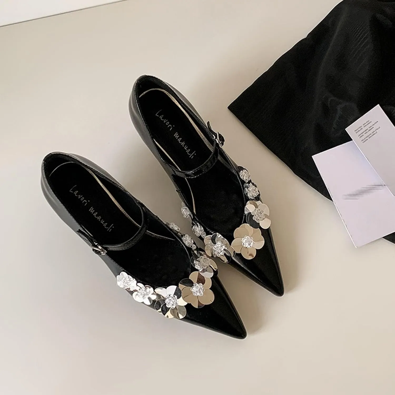XIEDA Women's Genuine Lambskin Leather Low Kitten Heels Pumps Pointed Toe Sequins Flower Mary Jane Dress Prom Shoes