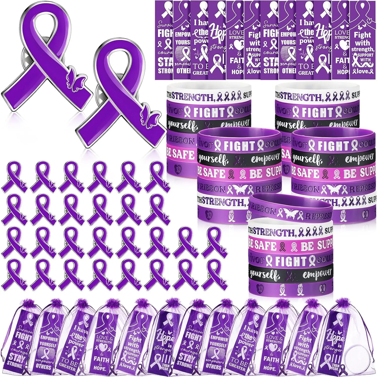 XunYee 120 Pcs Purple Ribbon Awareness Silicone Wristband Bracelets with Butterfly Pins Bookmarks for Violence Abuse Lupus Pancreatic Cancer Awareness Bulk for Charity Events Gifts (Purple)