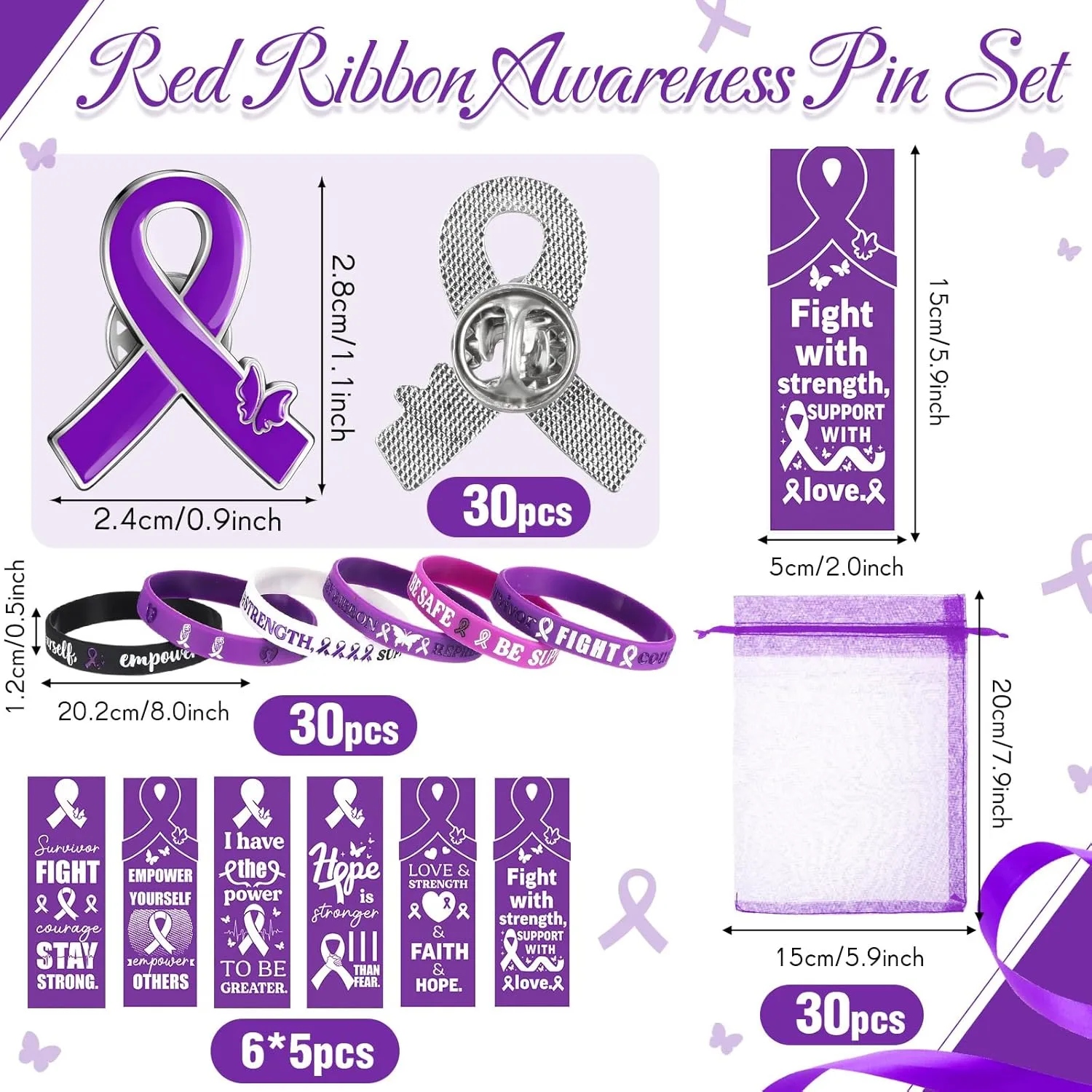 XunYee 120 Pcs Purple Ribbon Awareness Silicone Wristband Bracelets with Butterfly Pins Bookmarks for Violence Abuse Lupus Pancreatic Cancer Awareness Bulk for Charity Events Gifts (Purple)