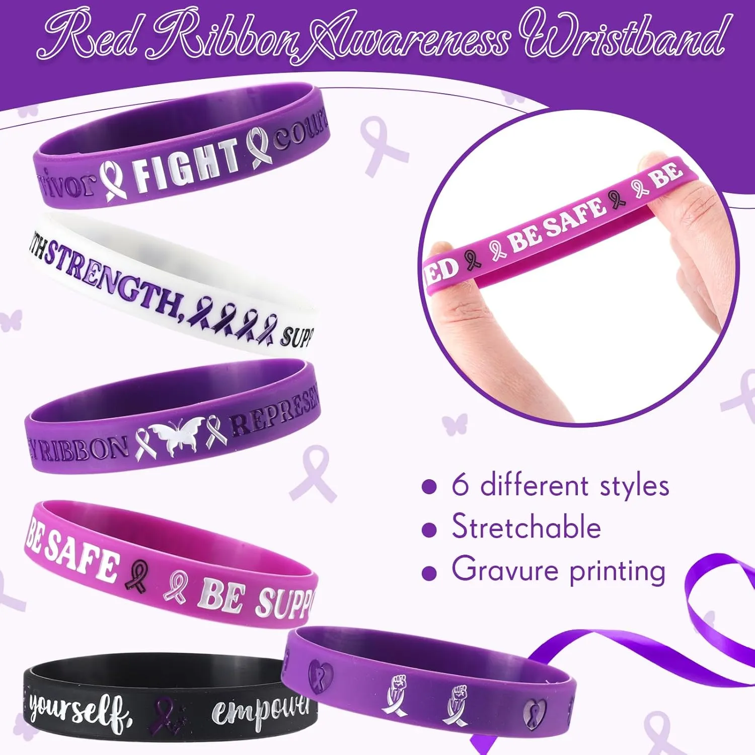 XunYee 120 Pcs Purple Ribbon Awareness Silicone Wristband Bracelets with Butterfly Pins Bookmarks for Violence Abuse Lupus Pancreatic Cancer Awareness Bulk for Charity Events Gifts (Purple)