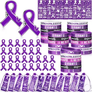 XunYee 120 Pcs Purple Ribbon Awareness Silicone Wristband Bracelets with Butterfly Pins Bookmarks for Violence Abuse Lupus Pancreatic Cancer Awareness Bulk for Charity Events Gifts (Purple)
