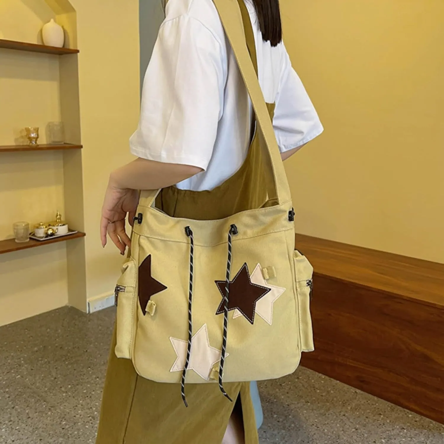 Y2K Star Canvas Messenger Bag, Cute Tote Bags Aesthetic, Small Shoulder Travel Crossbody Bags For Women