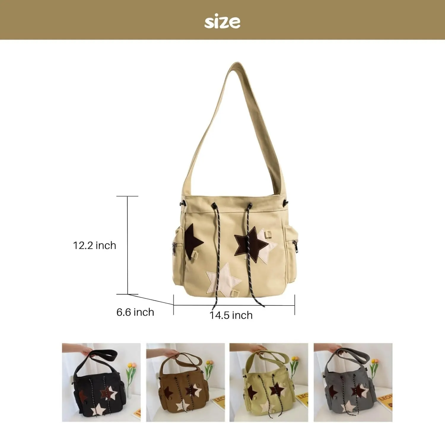 Y2K Star Canvas Messenger Bag, Cute Tote Bags Aesthetic, Small Shoulder Travel Crossbody Bags For Women