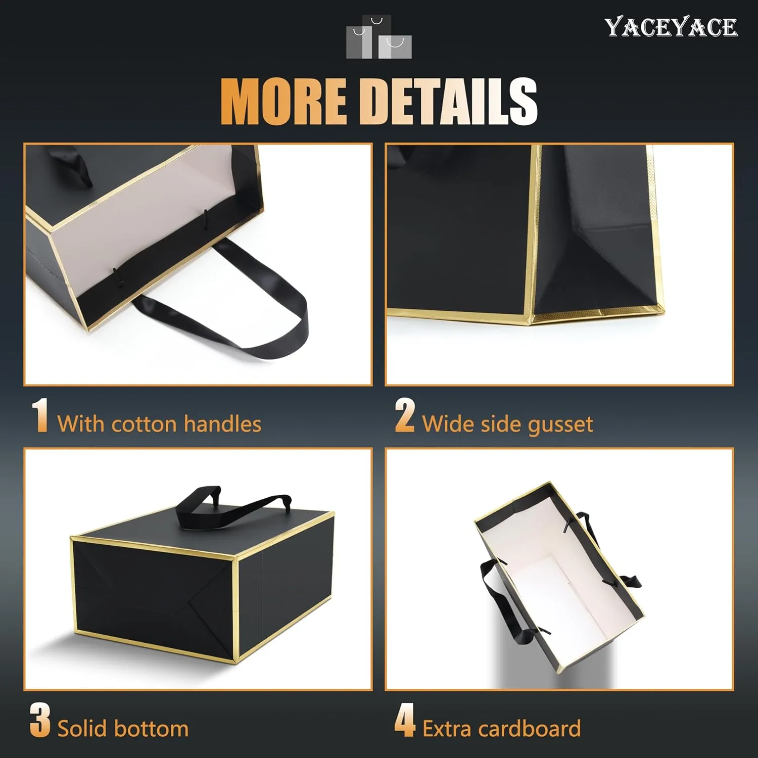 YACEYACE Black Gift Bags Bulk 8 x 10 x 4, 10Pcs Black Gift Bags with Ribbon Handles, Birthday Gift Bags, Retail Bags, Party Bags, Classy-Gold Frame