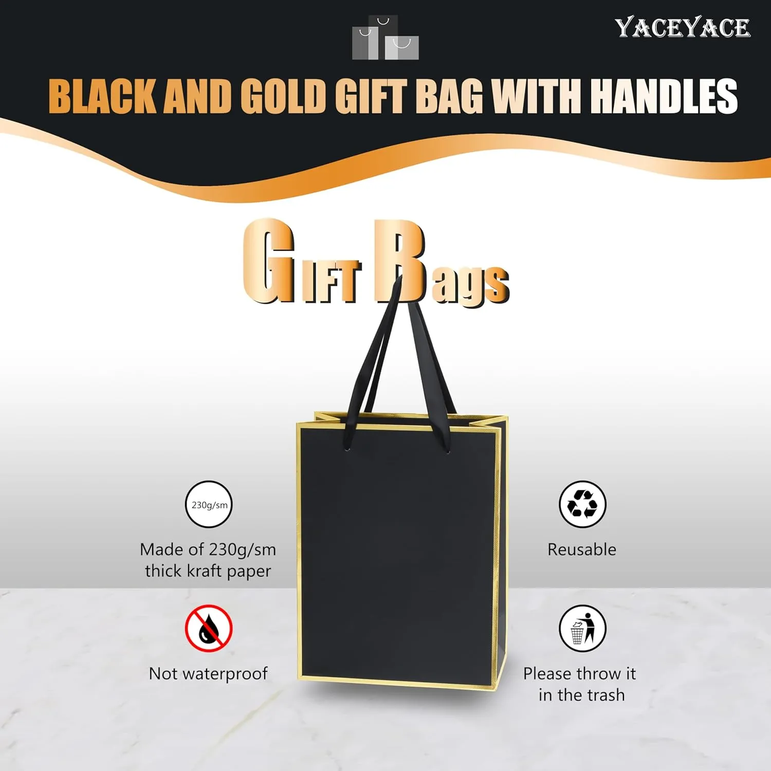 YACEYACE Black Gift Bags Bulk 8 x 10 x 4, 10Pcs Black Gift Bags with Ribbon Handles, Birthday Gift Bags, Retail Bags, Party Bags, Classy-Gold Frame