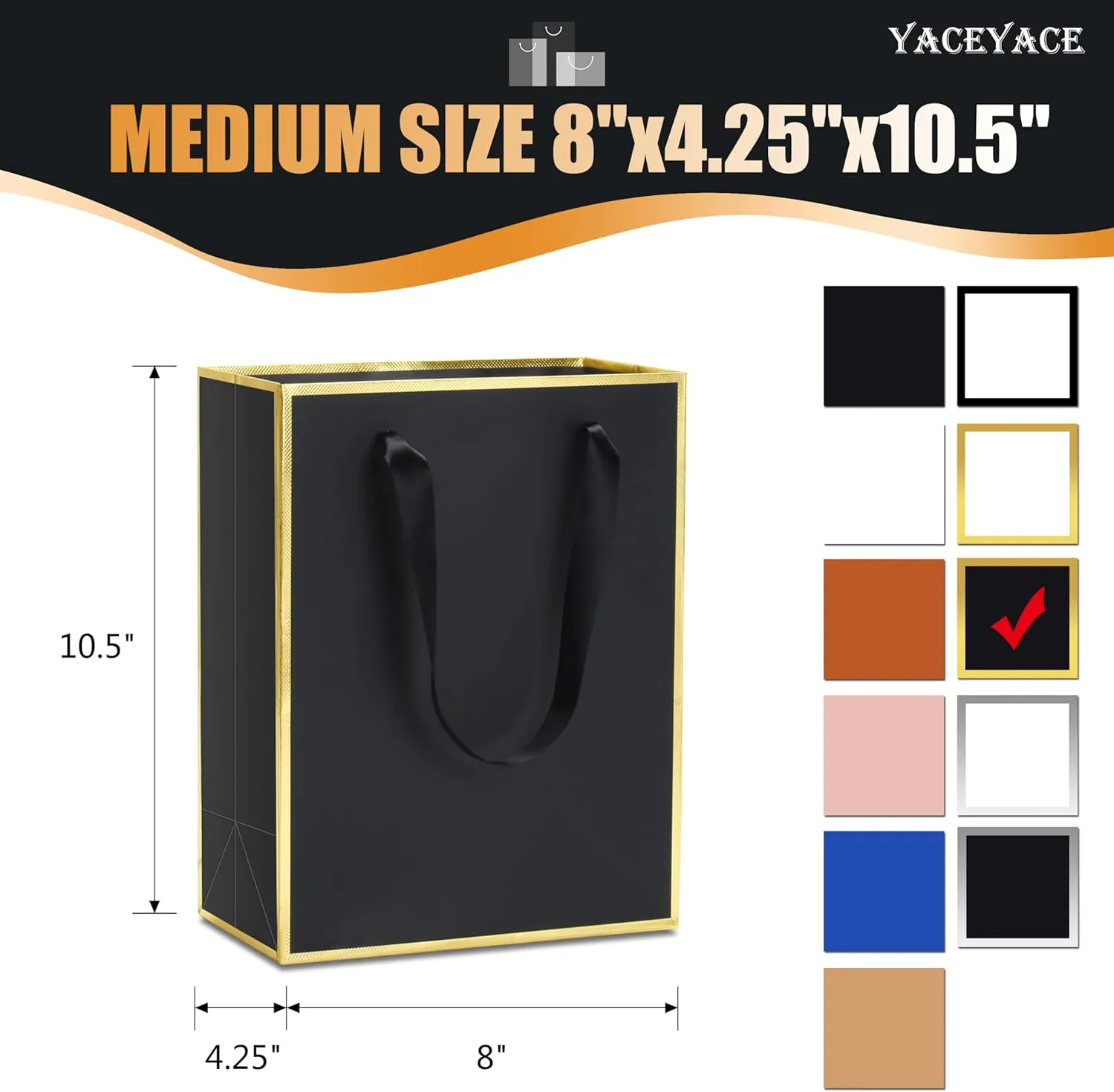 YACEYACE Black Gift Bags Bulk 8 x 10 x 4, 10Pcs Black Gift Bags with Ribbon Handles, Birthday Gift Bags, Retail Bags, Party Bags, Classy-Gold Frame