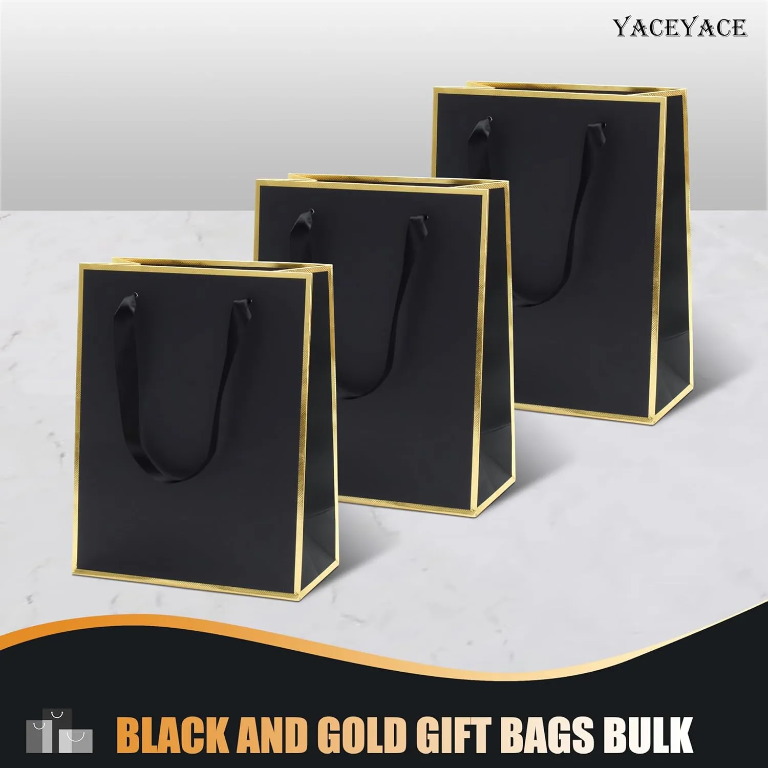 YACEYACE Black Gift Bags Bulk 8 x 10 x 4, 10Pcs Black Gift Bags with Ribbon Handles, Birthday Gift Bags, Retail Bags, Party Bags, Classy-Gold Frame