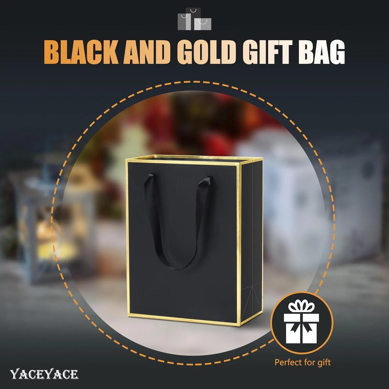 YACEYACE Black Gift Bags Bulk 8 x 10 x 4, 10Pcs Black Gift Bags with Ribbon Handles, Birthday Gift Bags, Retail Bags, Party Bags, Classy-Gold Frame
