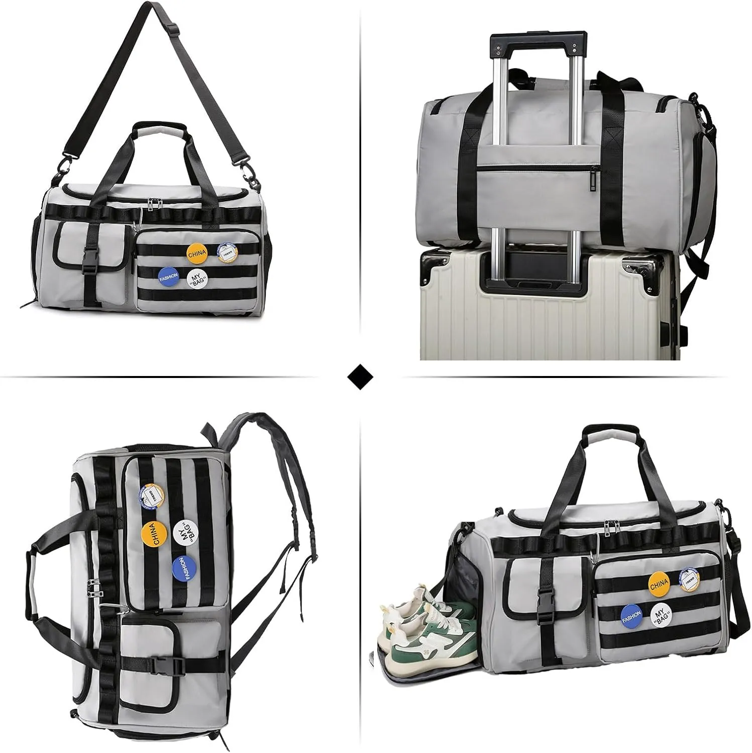 Yaopeing Gym Bag for Men Women,3 in 1 Sports Travel Duffel Bag with Shoe Compartment,Carry on Workout Backpack with Wet Pocket,White Grey