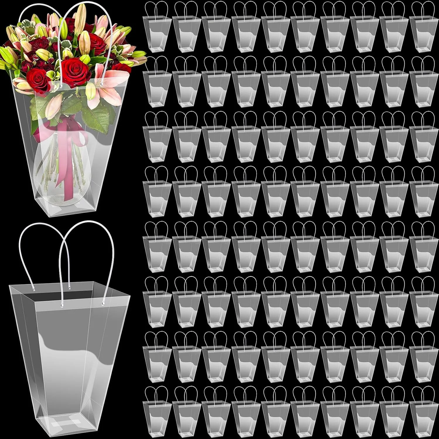 Yexiya 96 Pcs Floral Bags Large Clear Flower Bouquet Bag Bulk with Handle Transparent Florist Gift Packaging Plastic Gift for Birthday Christmas Valentine Mother's Day Wedding, 11.4 x 5.9 x 16.7 Inch