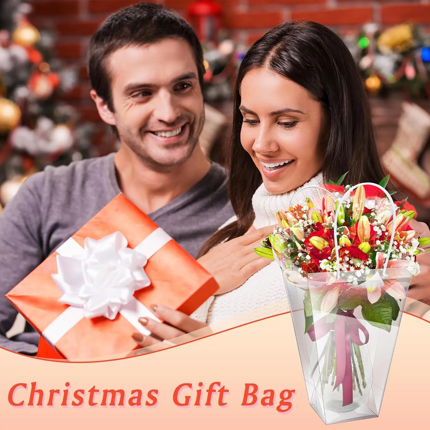 Yexiya 96 Pcs Floral Bags Large Clear Flower Bouquet Bag Bulk with Handle Transparent Florist Gift Packaging Plastic Gift for Birthday Christmas Valentine Mother's Day Wedding, 11.4 x 5.9 x 16.7 Inch