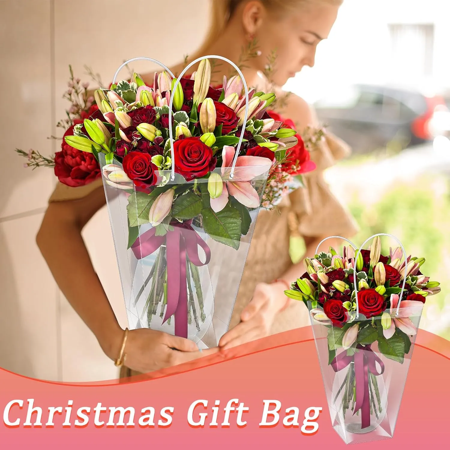 Yexiya 96 Pcs Floral Bags Large Clear Flower Bouquet Bag Bulk with Handle Transparent Florist Gift Packaging Plastic Gift for Birthday Christmas Valentine Mother's Day Wedding, 11.4 x 5.9 x 16.7 Inch