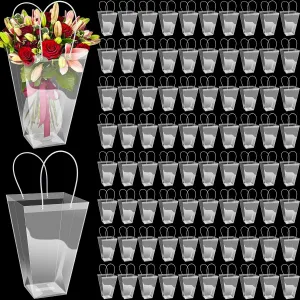 Yexiya 96 Pcs Floral Bags Large Clear Flower Bouquet Bag Bulk with Handle Transparent Florist Gift Packaging Plastic Gift for Birthday Christmas Valentine Mother's Day Wedding, 11.4 x 5.9 x 16.7 Inch