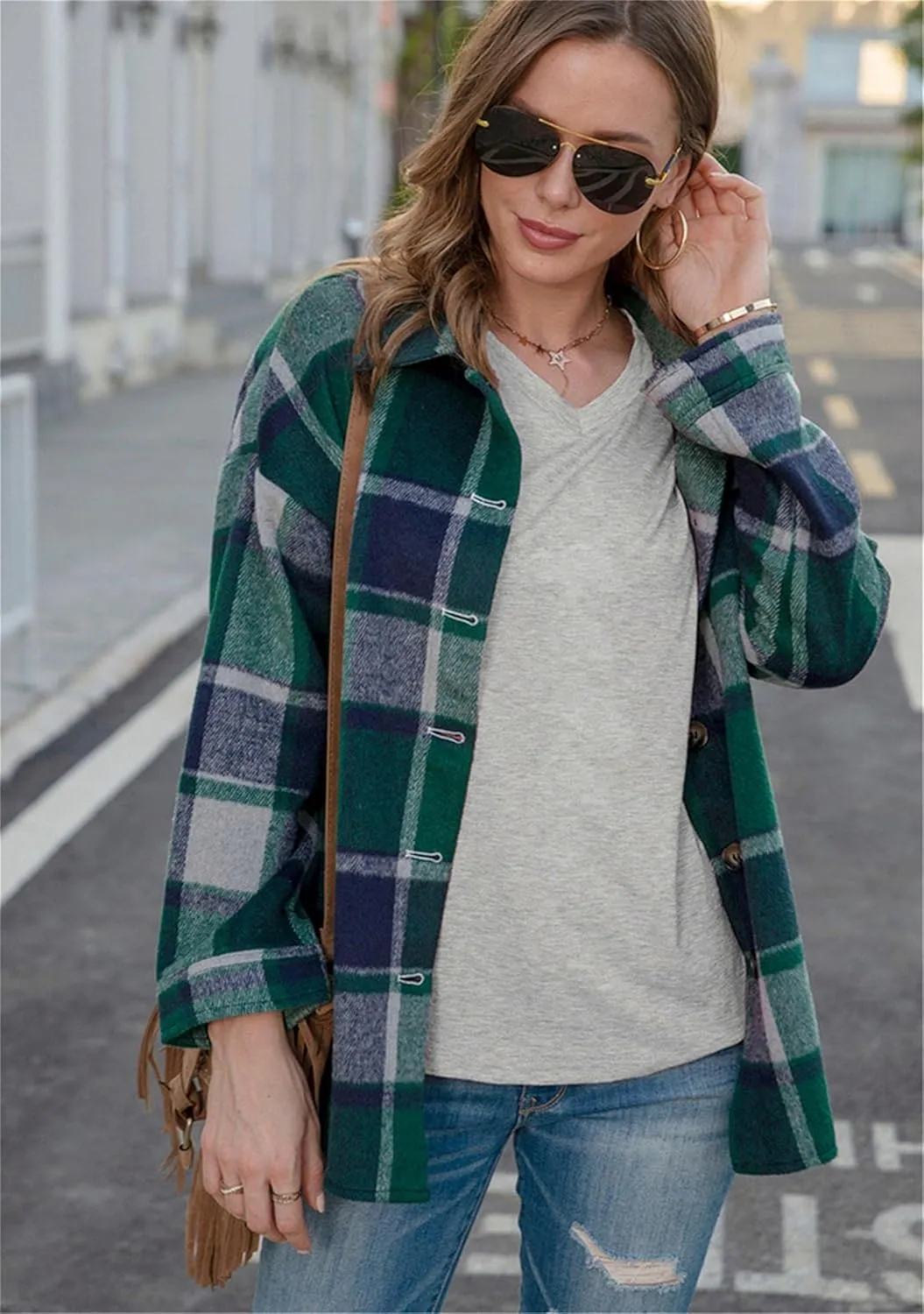 YMING Womens Casual Flannel Plaid Shirt Lapel Button Down Cardigan Fall Long Sleeve Blouse Tops Plus Size