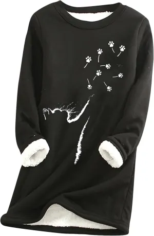 YMING Womens Sherpa Fleece Lined Pullover Winter Warm Crew Neck Sweatshirt Cute Cat Paw Tops Plus Size