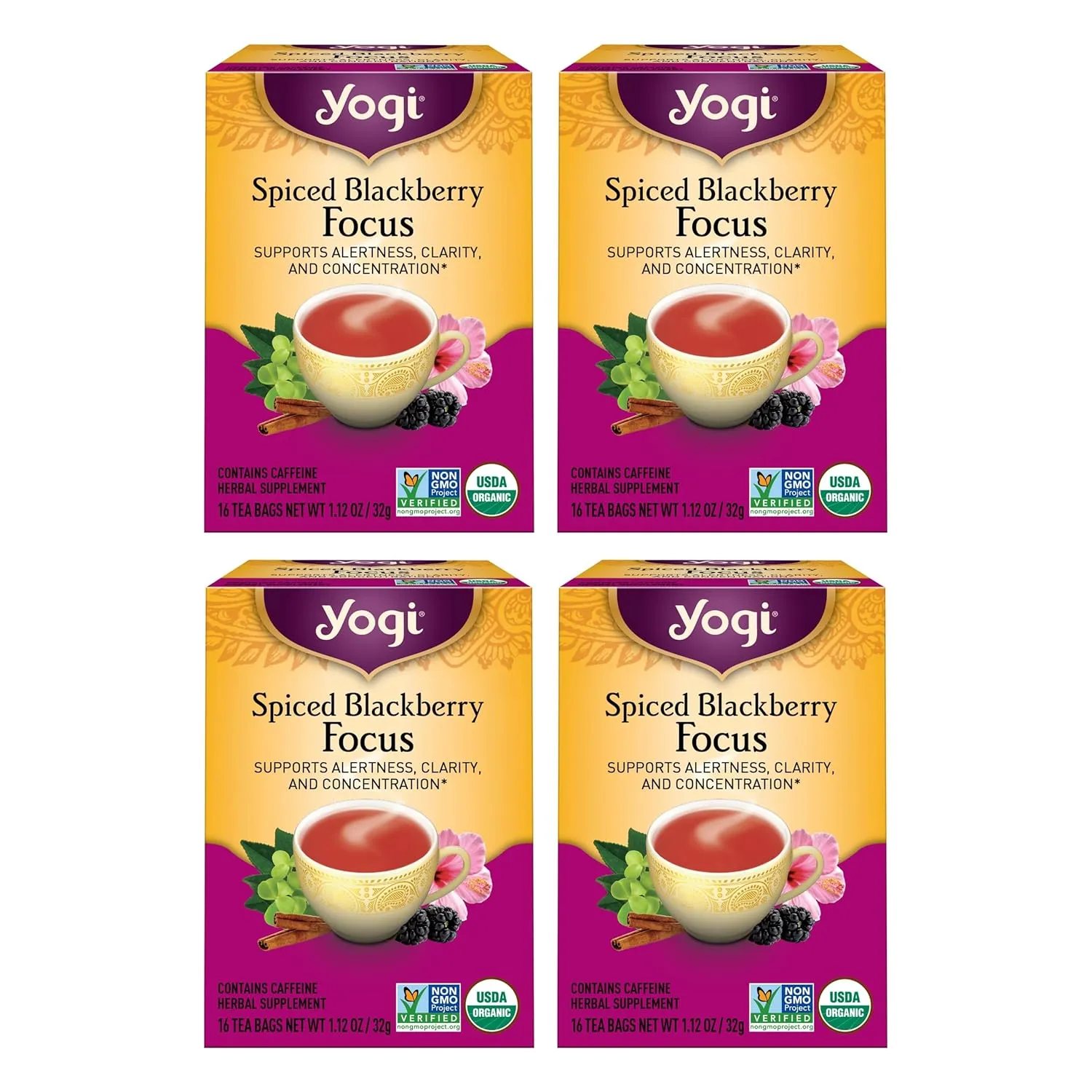 Yogi Tea Spiced Blackberry Focus Tea - 16 Tea Bags per Pack (4 Packs) - Organic Blackberry Tea for Focus with Caffeine - Includes Black Tea Leaf, Hibiscus Flower, Cinnamon Bark & More