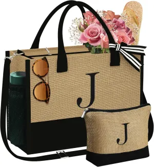 YOOLIFE Mothers Day Gifts - Initial Jute Tote Bag & Makeup Bag, Personalized Gifts for Women Mom Wife Teacher Friend Birthday