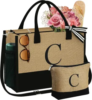 YOOLIFE Mothers Day Gifts - Initial Jute Tote Bag & Makeup Bag, Personalized Gifts for Women Mom Wife Teacher Friend Birthday