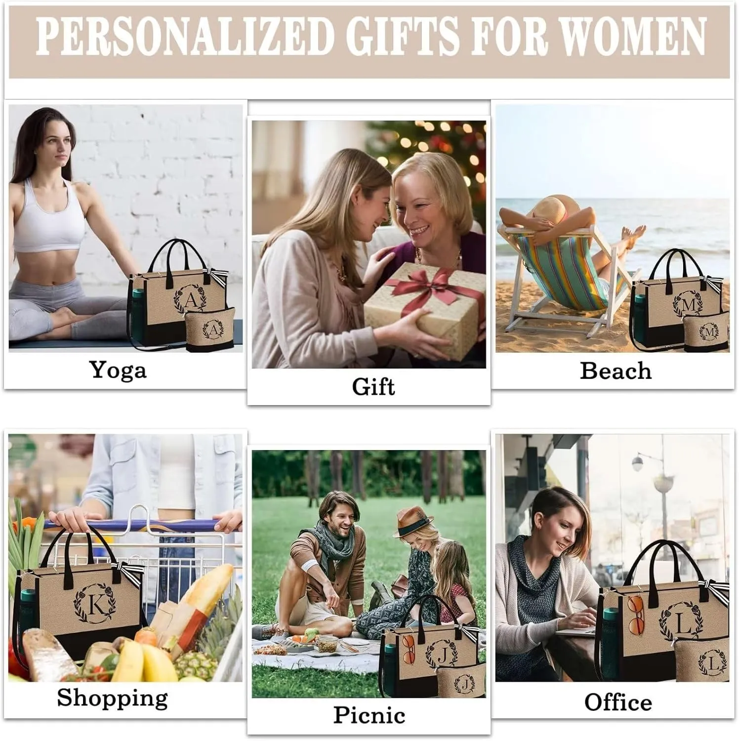 YOOLIFE Personalized Gifts for Women - Initial Jute Tote Bag & Makeup Bag, Birthday Gifts for Women Mom Wife Teacher Friend