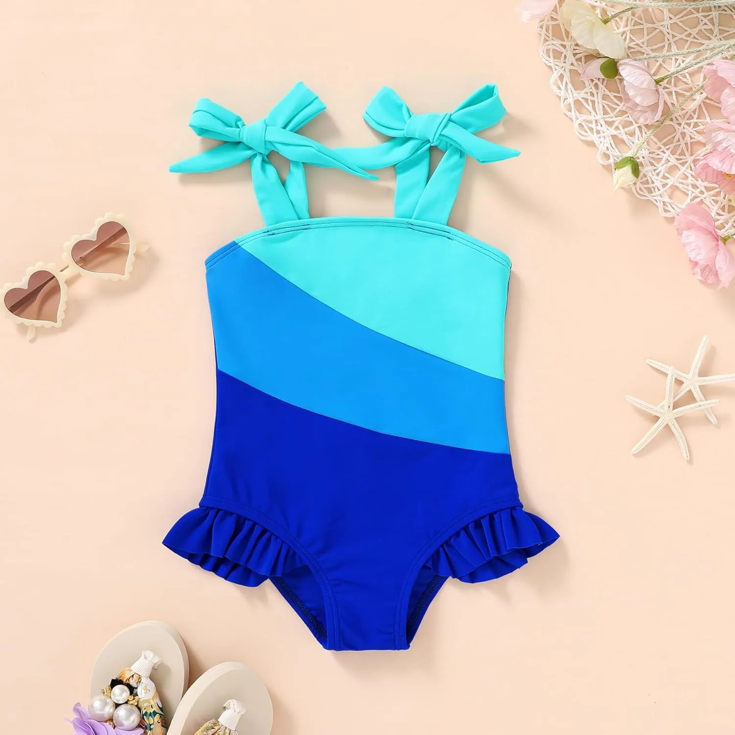 YOUNGER TREE Toddler Swimsuit Girl Color Block Stripe One-Piece Swimwear Baby Girl Bathing Suits