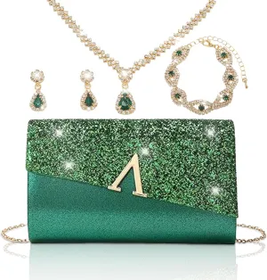 YYW 4 Pieces Women Evening Handbags Clutch Purse Bag with Rhinestone Crystal Jewelry Set for Wedding Party