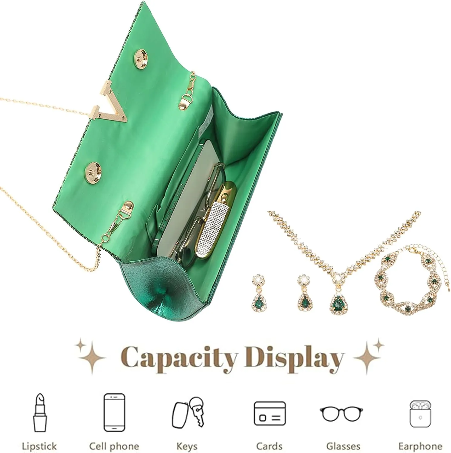 YYW 4 Pieces Women Evening Handbags Clutch Purse Bag with Rhinestone Crystal Jewelry Set for Wedding Party