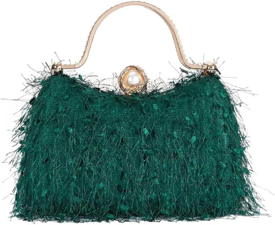 YYW Evening Handbag Cocktail Prom Fluffy Clutch Purse Vintage Feather Evening Shoulder Bag for Women Party