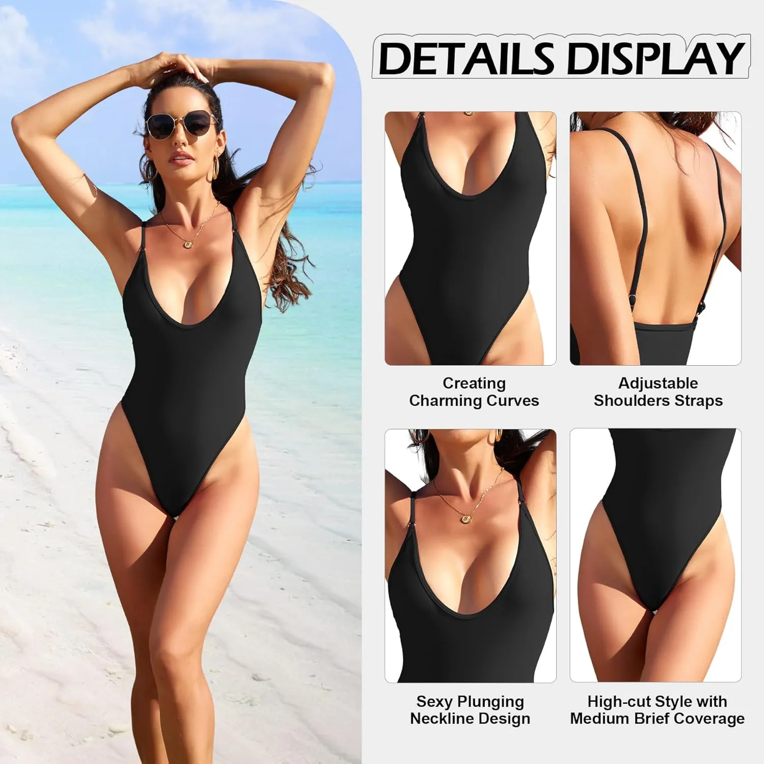 Zando V-Neck High Cut Swim Suits for Women 2025 Swimwear Sexy One Piece Cheeky Bathing Suit Adjustable Shoulder Straps