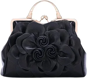 ZiMing 3D Floral Handbags for Women Genuine Leather Tote Bags Kiss Lock Purse Top Handle Bag Satchel Evening Bag Shoulder Bag