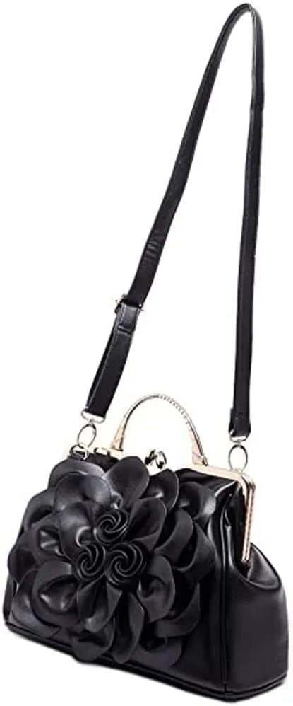 ZiMing 3D Floral Handbags for Women Genuine Leather Tote Bags Kiss Lock Purse Top Handle Bag Satchel Evening Bag Shoulder Bag
