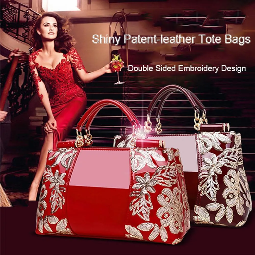 ZiMing Patent Leather Handbag for Women Tote Bags Sequin Embroidery Satchel Bag Top Handle Bag Gorgeous Shoulder Bag Purse