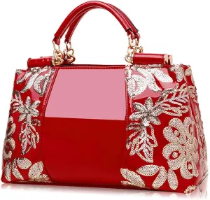 ZiMing Patent Leather Handbag for Women Tote Bags Sequin Embroidery Satchel Bag Top Handle Bag Gorgeous Shoulder Bag Purse