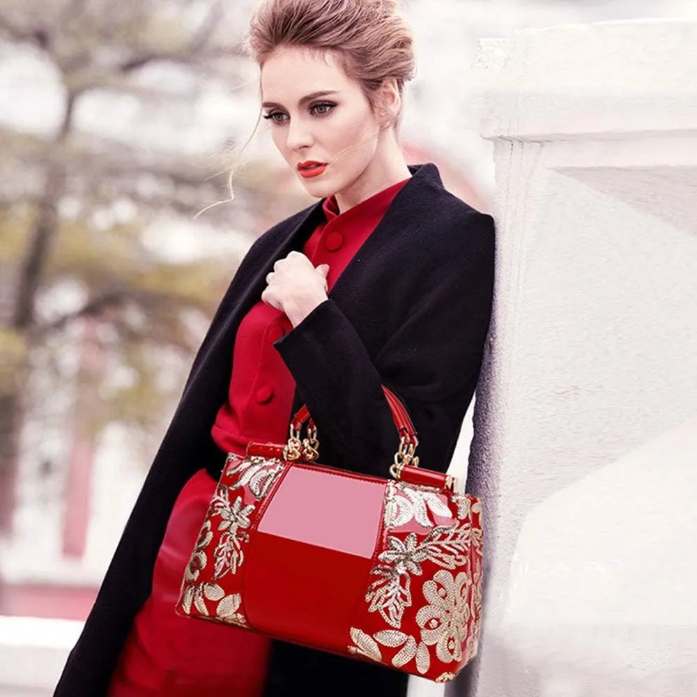 ZiMing Patent Leather Handbag for Women Tote Bags Sequin Embroidery Satchel Bag Top Handle Bag Gorgeous Shoulder Bag Purse