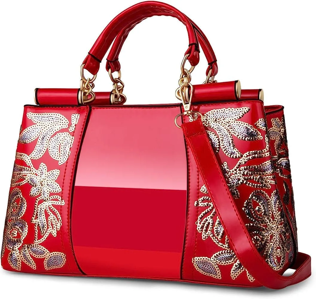 ZiMing Patent Leather Handbag for Women Tote Bags Sequin Embroidery Satchel Bag Top Handle Bag Gorgeous Shoulder Bag Purse