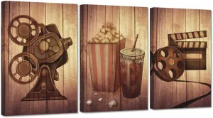 Zlove 3 Pieces Vintage Old Film Canvas Wall Art Filmmaking Concept Scene Movie Projector Film Reels Popcorn Picture Print for Movie Room Home Bedroom Decor Ready to Hang